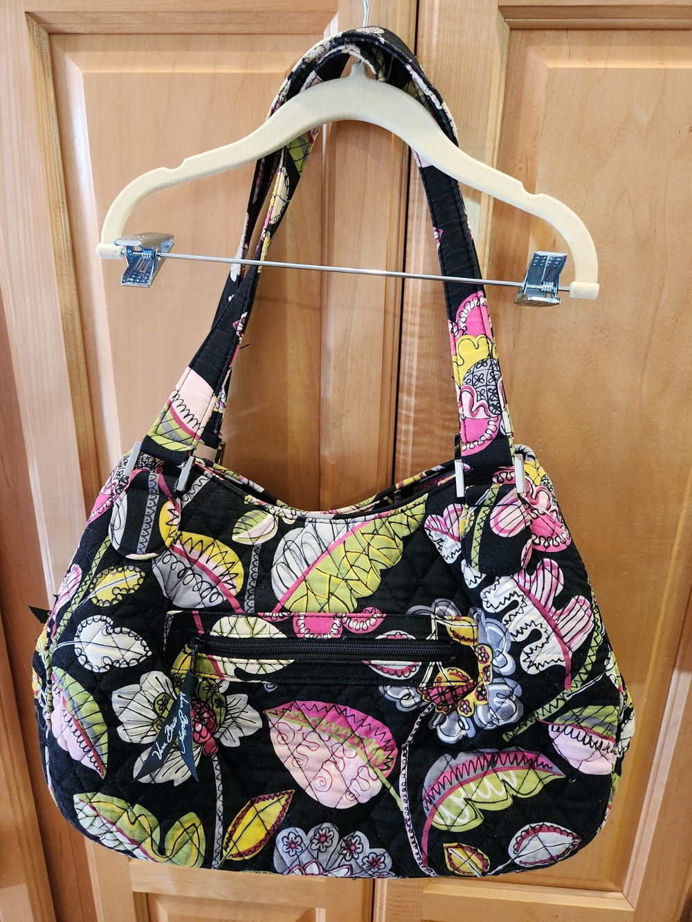Vera Bradley Black Quilted Shoulder Bag with Pink & Lime Floral Print